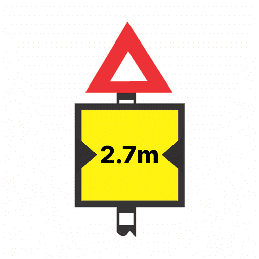 Warning of obstacle ahead having (a) narrow (b) low clearance. Vehicles having greater width than the figure shown won't be able to pass