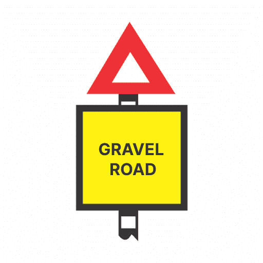 Warning of gravel road ahead