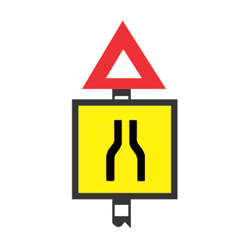 Warning that road narrows centrally ahead